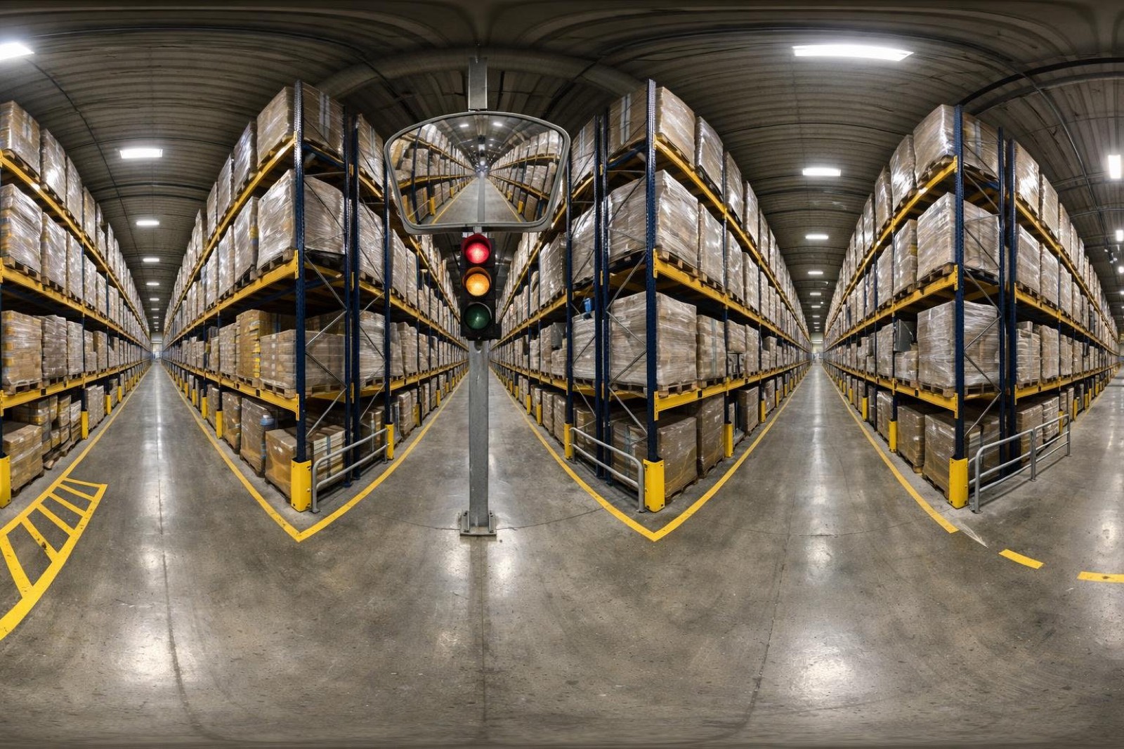 Warehouse aisle with racking and a traffic light