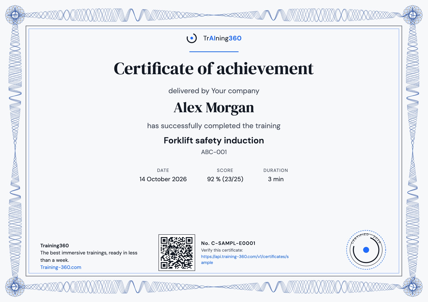 Sample certificate of achievement: name, training, date, score, duration, verification QR code