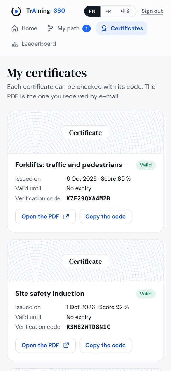 The trainee's certificates, each with its verification code