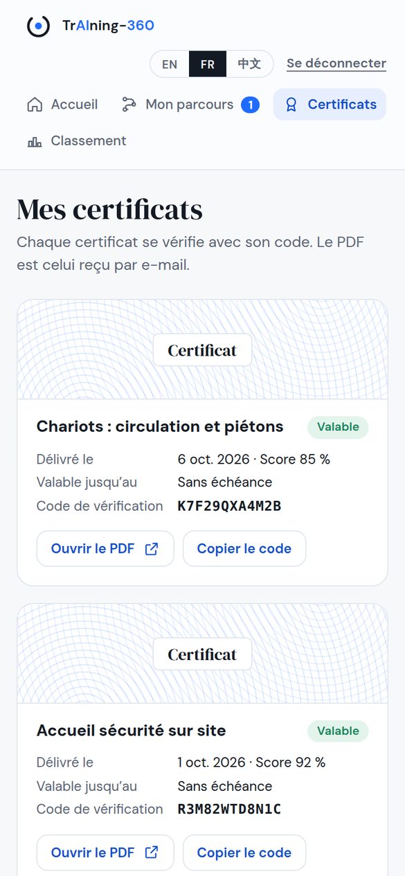 Les certificats de l’apprenant, chacun avec son code de vérification