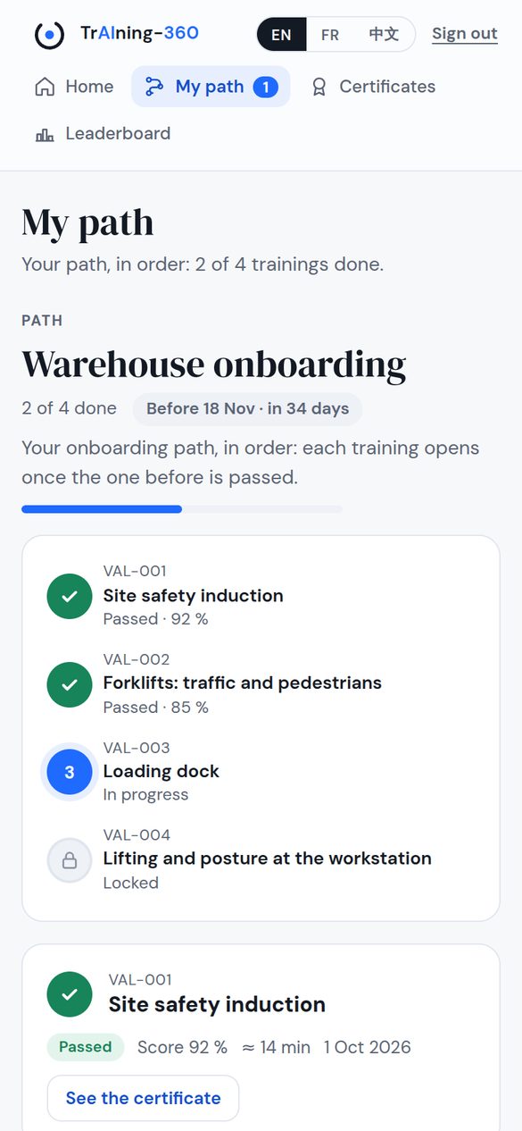 A trainee's path on a phone: two trainings passed, the third in progress, the fourth locked