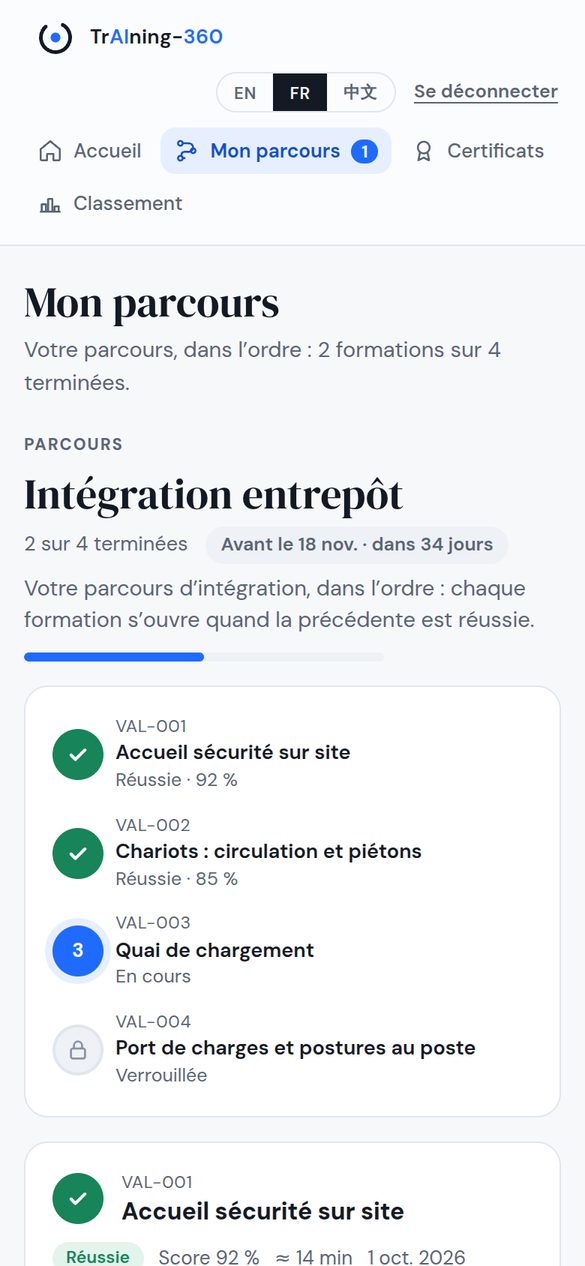 Le parcours d’un apprenant sur téléphone : deux formations réussies, la troisième en cours, la quatrième verrouillée